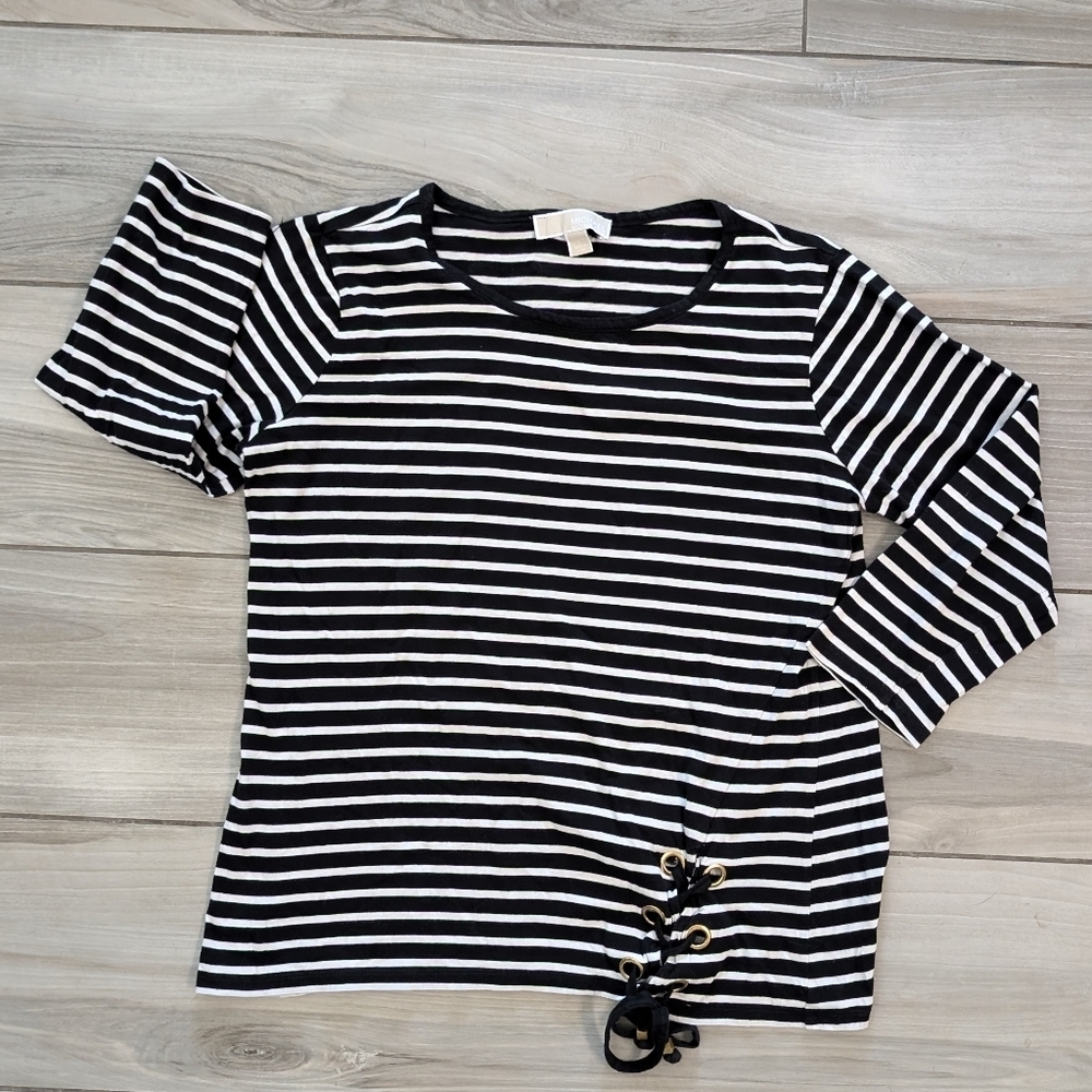 MICHAEL Michael Kors Striped 3/4 Length Sleeve, with Gold Tone Rivets